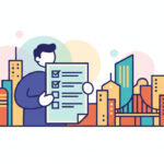 Abstract calming illustration of a person holding a checklist-like paper without text, with a city background and soft light, representing eligibility review and documentation, no text