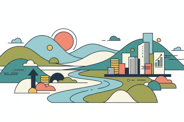 Calming abstract landscape illustration suggesting Virginia and financial stability, no text, soft colors, minimal shapes