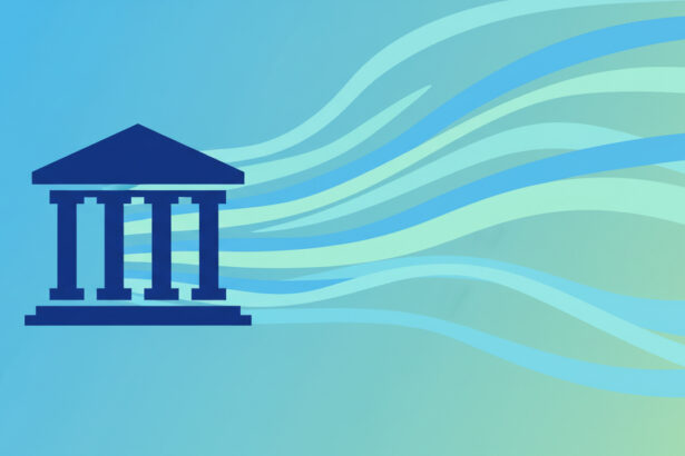 Calm abstract illustration of a courthouse silhouette and gentle flowing lines, soft blue and green gradient, no text