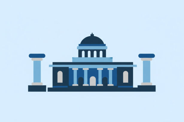 Calming abstract illustration of a courthouse silhouette and balanced columns in soft blue and gray tones, no text, no numbers.