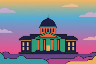 Abstract calming illustration of a courthouse silhouette with soft gradient sky, no text