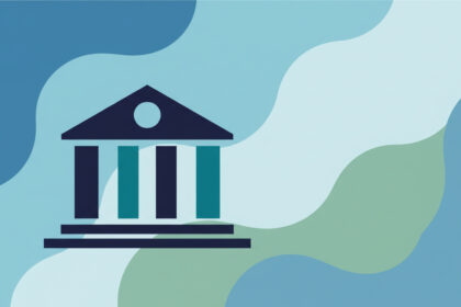 Abstract calming illustration of a courthouse silhouette and soft balanced shapes in muted blues and greens, no text, no numbers.