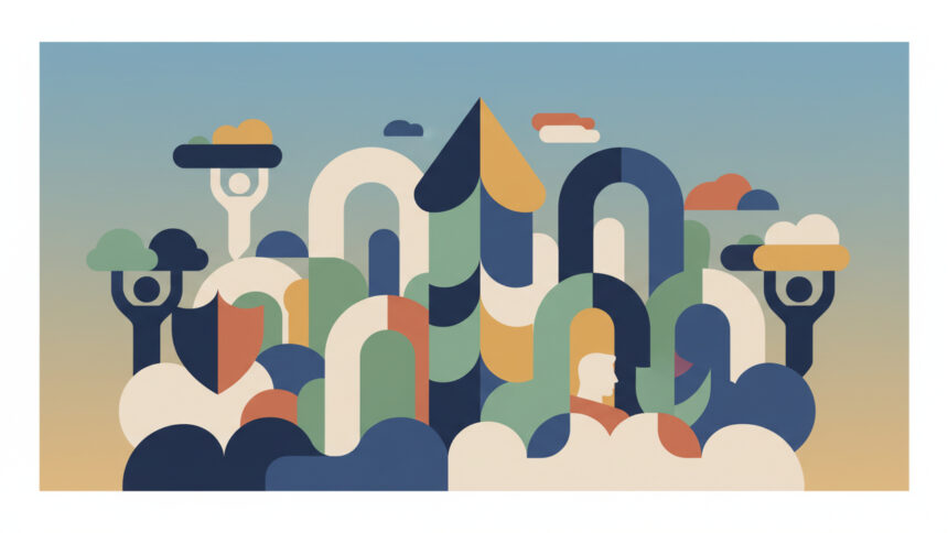Abstract calming illustration suggesting professional recognition in law practice management, with soft shapes and muted colors, no text or numbers.