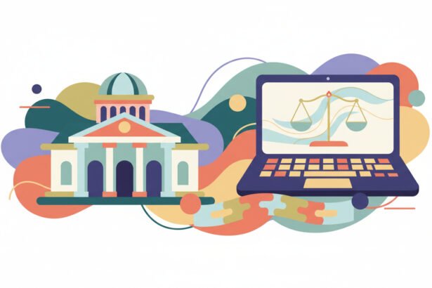 Calming abstract courthouse and laptop illustration with soft colors, no text