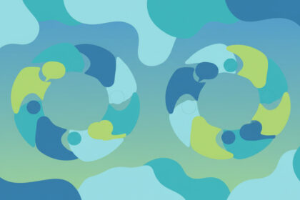 Calming abstract illustration in soft blues and greens suggesting discussion and community support, no text, no icons, no numbers.