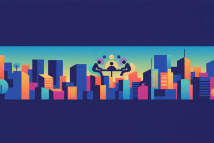 Abstract calming illustration of a city skyline and soft shapes symbolizing a professional meeting, no text.