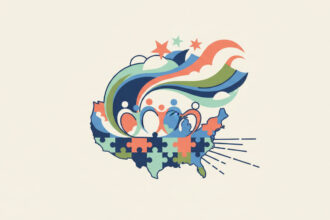 Calming, abstract illustration suggesting identity and belonging in the United States, soft colors, no text, no numbers, no icons arranged like a diagram.