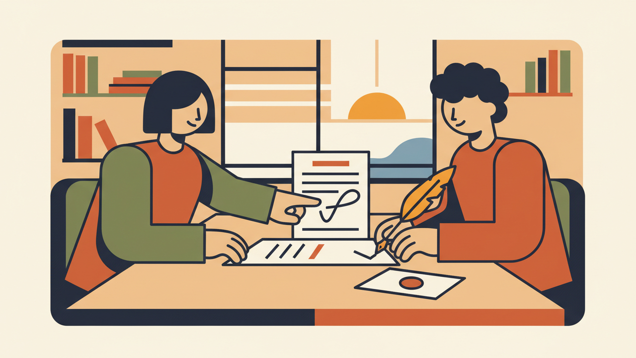 Calm professional illustration of two people reviewing and signing a simple agreement at a desk, warm neutral colors, no text
