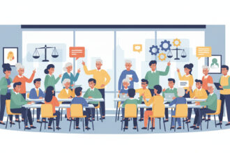 Abstract illustration of students learning civics together in a classroom.