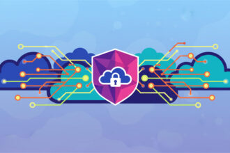 Abstract calming illustration of clouds and secure digital connections representing a business using cloud computing, no text, no numbers.