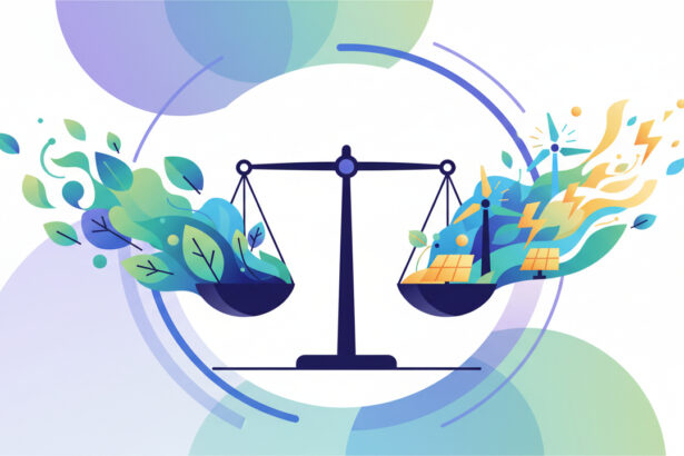 Abstract calming illustration of balanced scales blending into leaves and clean energy shapes, soft gradients, no text