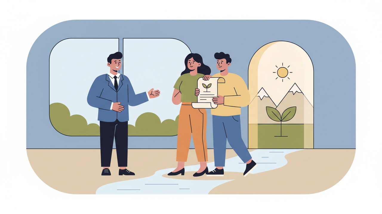 A calm, respectful scene suggesting legal guidance and a fresh start, with soft neutral colors, no text