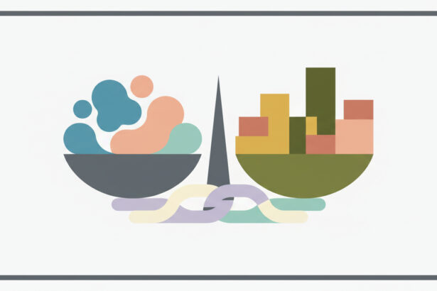 Calming abstract illustration suggesting fairness and balance with soft shapes and neutral colors.