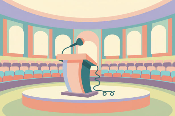 Abstract, calming illustration of a podium and microphone in a large conference hall, soft colors, no text.