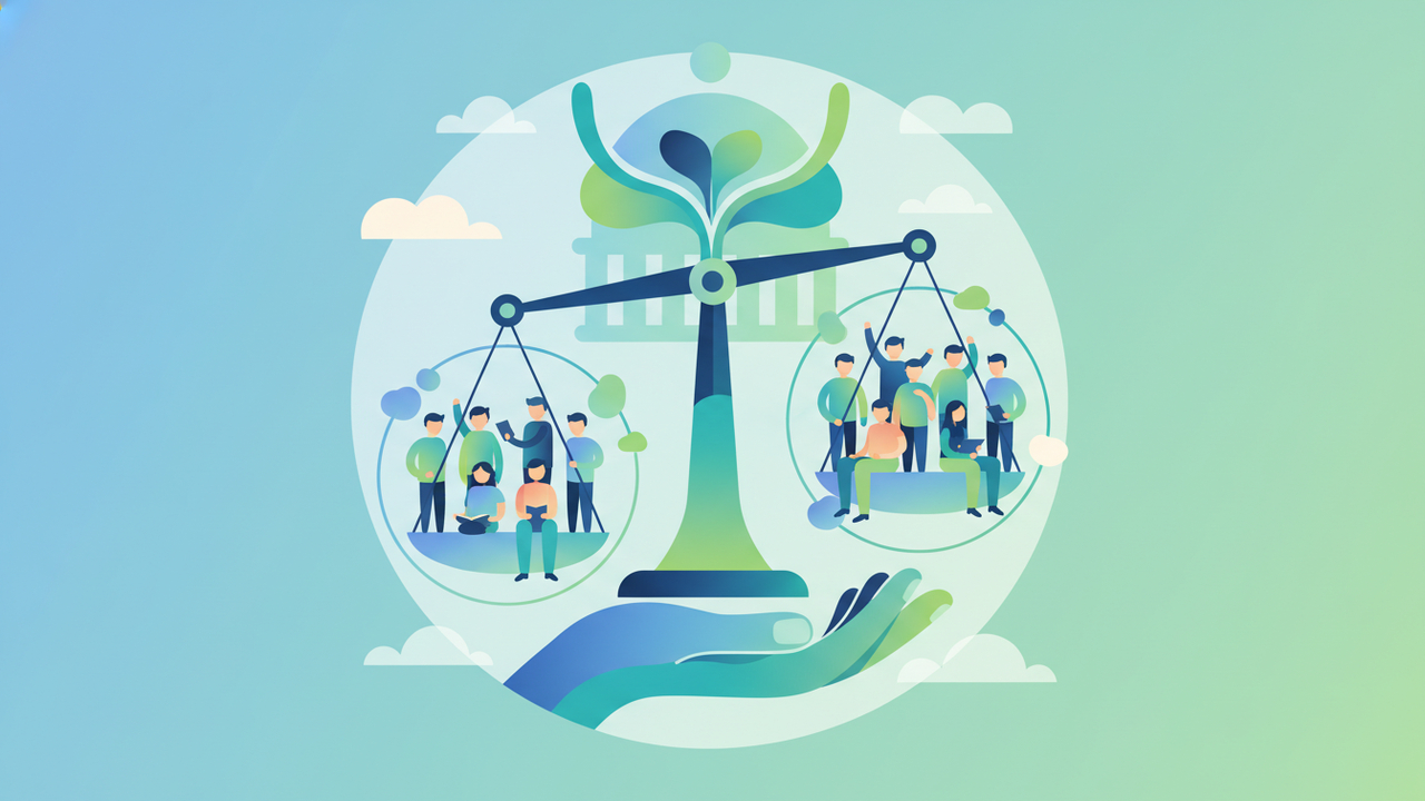 Calming abstract illustration suggesting fairness and inclusion in the legal profession, with soft blues and greens, no text or numbers.