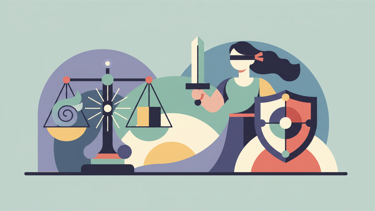 Calming abstract illustration suggesting justice and balance, soft muted colors, no text, no numbers