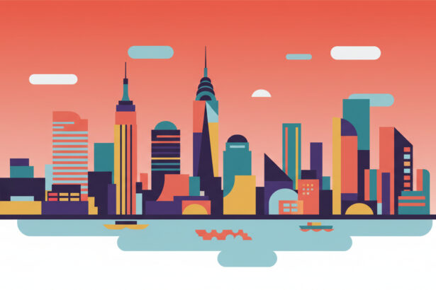 Calm abstract illustration of New York skyline shapes with soft colors, no text