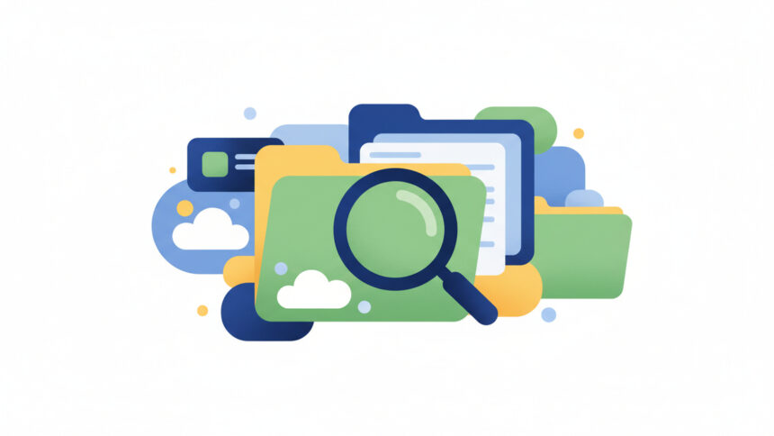 Abstract calming illustration with soft shapes and muted colors suggesting document review and public records, no text, no numbers.