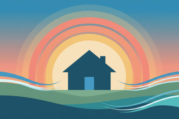 Calming, abstract illustration of a house silhouette and gentle sunrise colors, no text, for an article about reverse mortgages and foreclosure