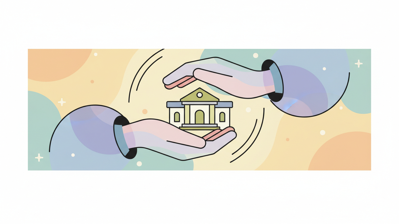 Abstract calming illustration of supportive hands and a simple courthouse silhouette in pastel tones, no text