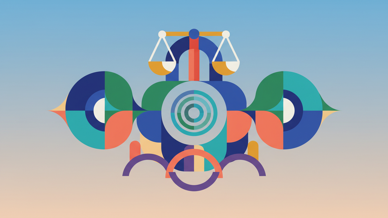 Abstract illustration related to the rule of law and international discussion, with soft balanced shapes and a subtle globe motif, no text, no numbers, no charts.