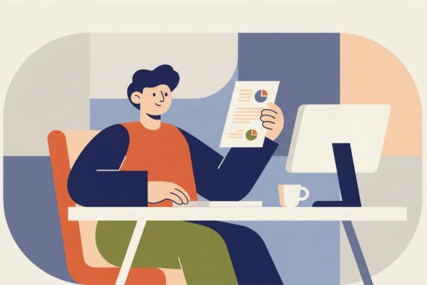 Calming, professional header illustration of a person reviewing simple business paperwork at a desk, soft neutral colors, no text, no numbers.