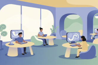 Abstract calming illustration of a quiet testing room with soft colors suggesting accessibility and inclusion.