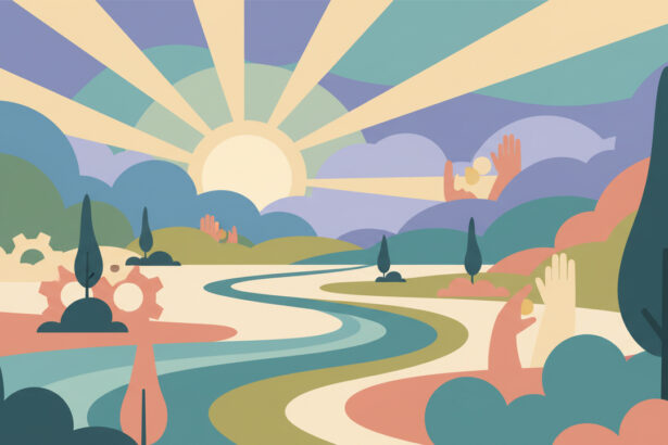 Calming abstract landscape illustration suggesting Louisiana and support during job transition, soft colors, no text, no icons, no people identifiable
