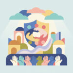 A calming abstract illustration suggesting safety, community support, and justice in soft colors, with no text or symbols that look like official seals.