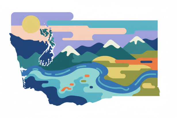 Calming landscape illustration of the state of Washington with soft abstract shapes and muted colors, no text