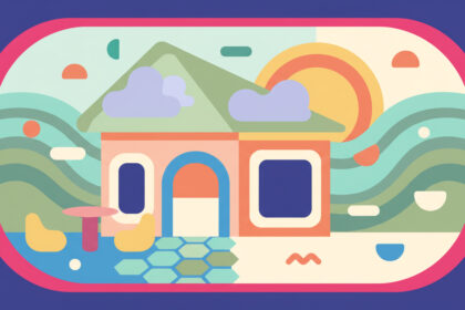 Calming abstract illustration of a small business storefront and simple geometric shapes, soft colors, no text, no numbers, no icons, no diagrams