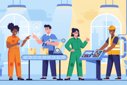 A calm, modern illustration of a diverse group of workers standing safely at work in a clean, bright environment, with soft colors and no text