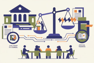 Calm abstract legal illustration related to 2010 08 aba adopts policy on federal preemption of state tort law civil right to counsel judicial training other key legal issues.