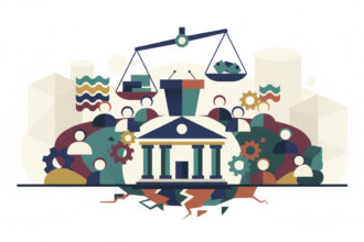 Calm abstract legal illustration related to 2011 09 underfunding of state courts theme of university of kentucky symposium.