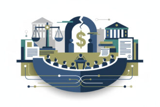 Calm abstract legal illustration related to 2012 01 court funding crisis and other critical legal issues explored at aba midyear meeting in new orleans.