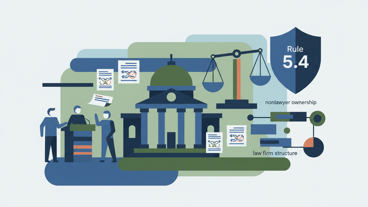 Calm abstract legal illustration related to 2012 04 aba commission on ethics 2020 will not propose changes to aba policy prohibiting nonlawyer ownership of law firms.