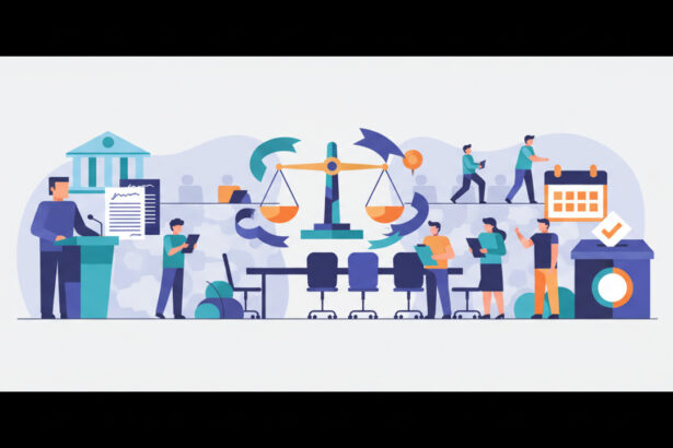 Calm abstract legal illustration related to 2012 08 new aba lawyer as citizen initiative and website encourage lawyers to volunteer on election day.