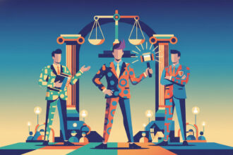 Calm abstract legal illustration related to 2013 05 rock star litigators share how they have made a difference through pro bono.