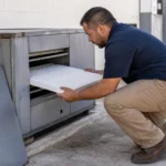 Small-business owner sorting blank contractor payment records into folders