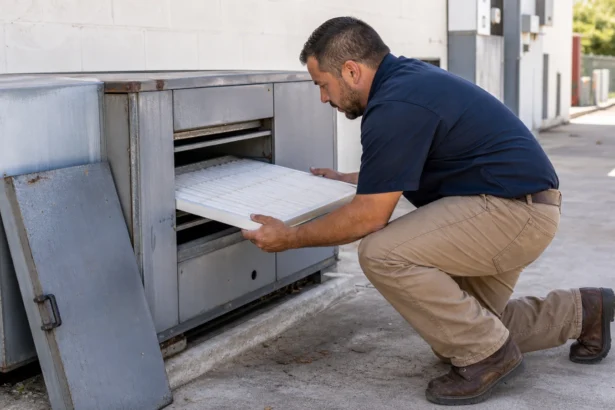 Small-business owner sorting blank contractor payment records into folders