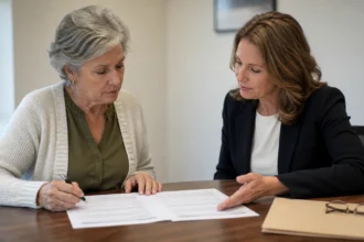 Editorial illustration of an older couple reviewing a blank retirement-plan folder at home