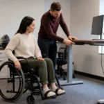 Editorial illustration of a wheelchair user moving through an accessible open design studio