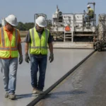 Two construction professionals inspect the boundary between completed paving and active structural work
