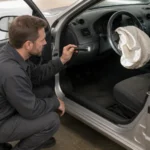 Mechanic inspecting a modern vehicle dashboard and airbag compartment