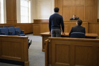 Defendant standing beside counsel and speaking calmly to a federal judge before sentencing
