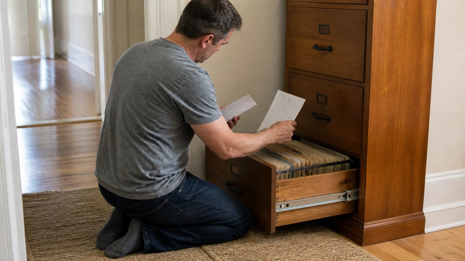 Consumer comparing a blank collection notice with an account folder and phone