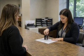 Two appellate attorneys reviewing opposing briefs across a courtroom table