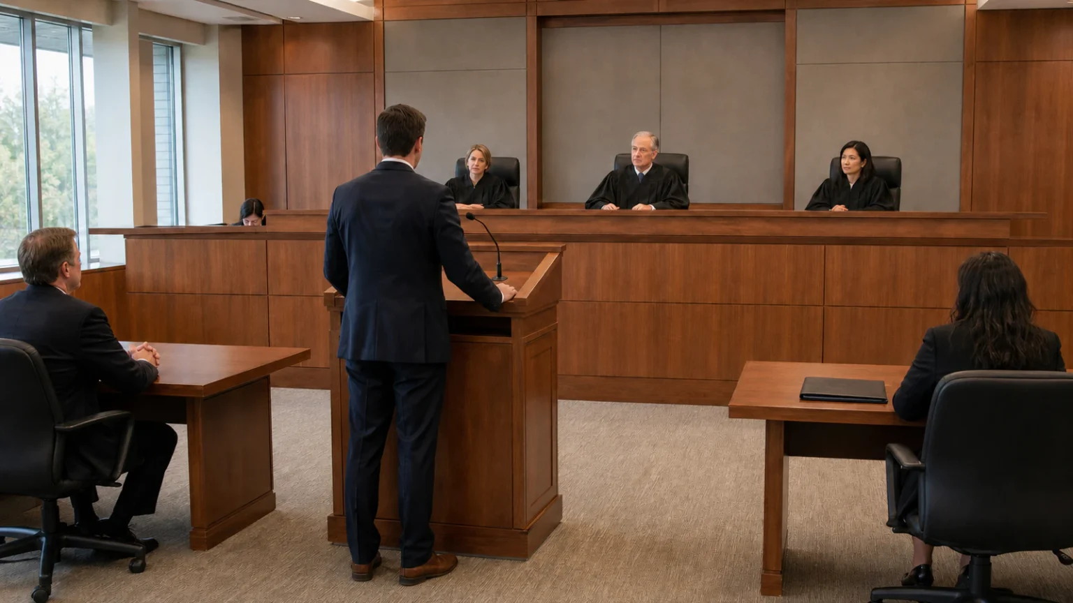 Three appellate judges reviewing a case record and legal briefs in chambers