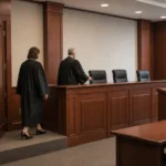 Federal appellate judges reviewing briefs and a district court record in chambers