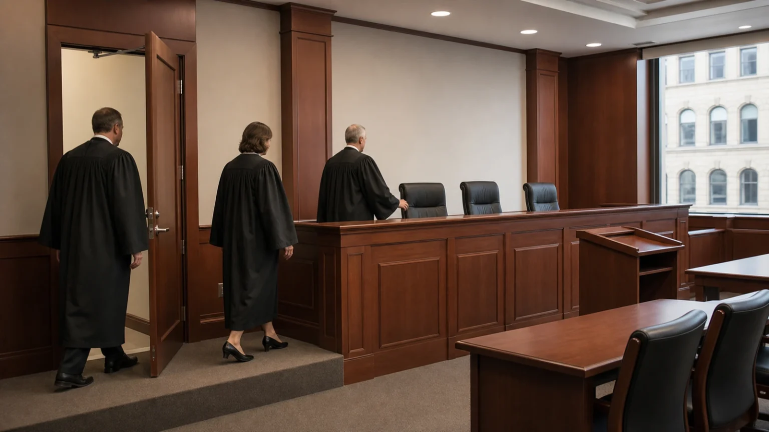 Federal appellate judges reviewing briefs and a district court record in chambers